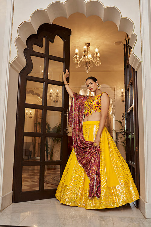 Yellow Georgette Sequins Embroidery Work Lehenga Choli