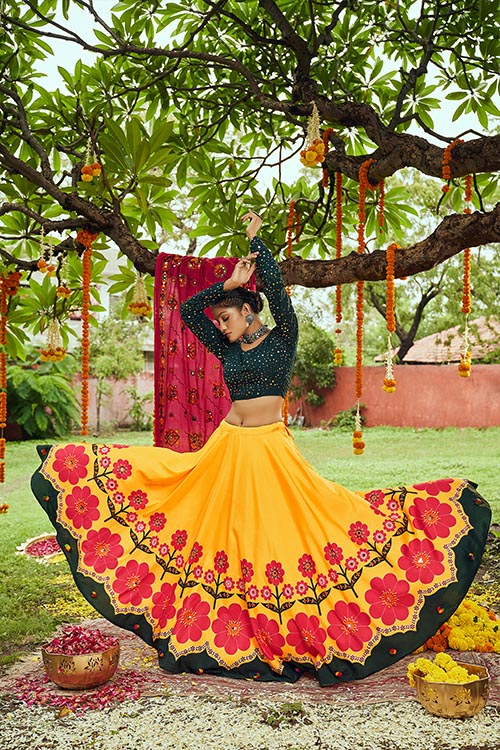 Yellow Maslin Cotton Digital Printed Work Navratri Lehenga