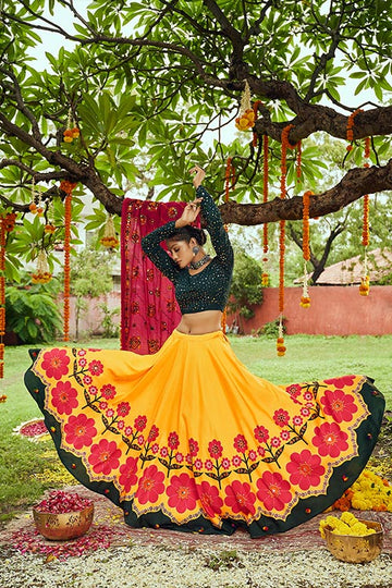 Yellow Maslin Cotton Digital Printed Work Navratri Lehenga