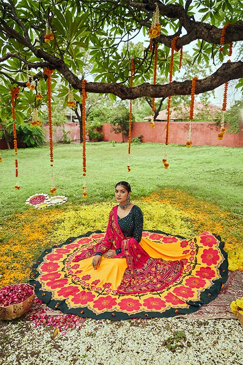 Yellow Maslin Cotton Digital Printed Work Navratri Lehenga