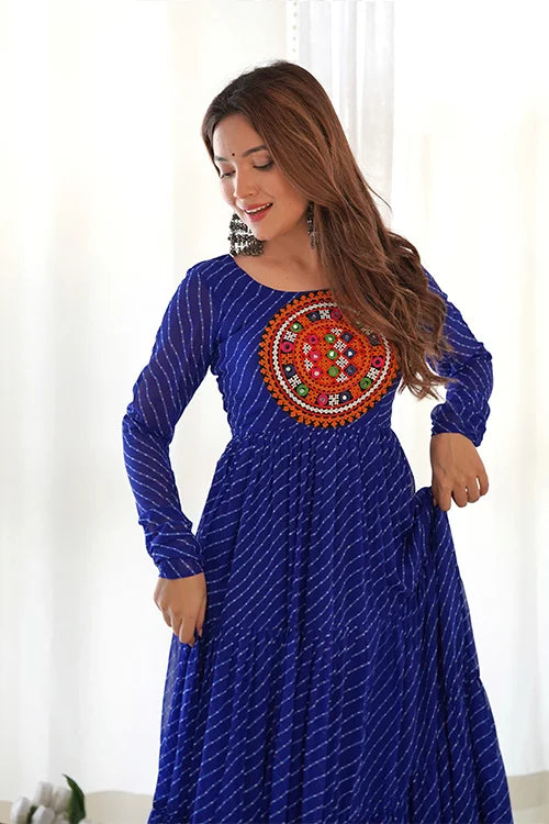Laheriya Print Anarkali Gown in Royal Blue for Garba Nights