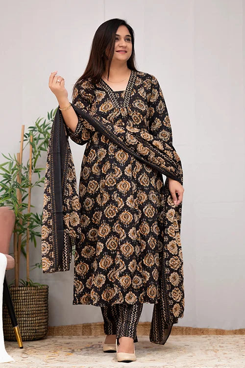 Printed Rayon Kurti and Chanderi Cotton with Dupatta Set