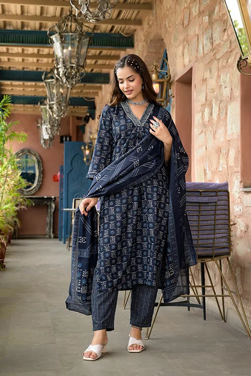 Navy Blue Rayon Designer Kurti Set with Chanderi Cotton Dupatta