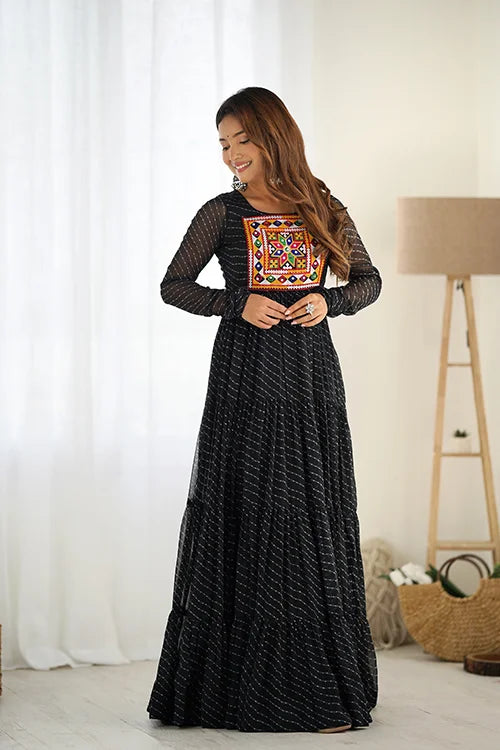 Treding Exclusive Designer Black Color Gerogette Laheriya Print Long Anarkali Gown